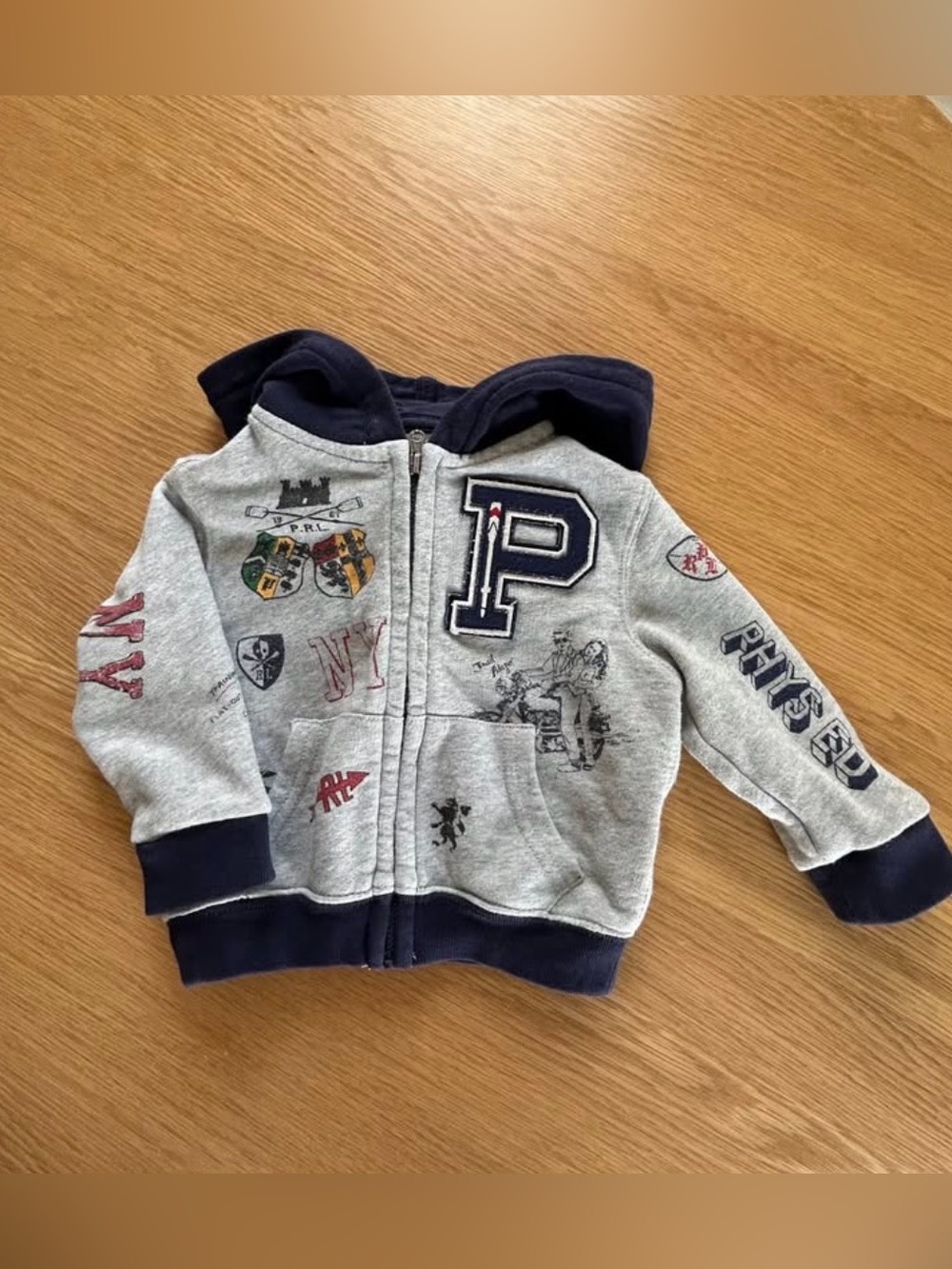 Polo by Ralph Lauren Gray & Navy Zip-Up Hoodie with Patches 12M